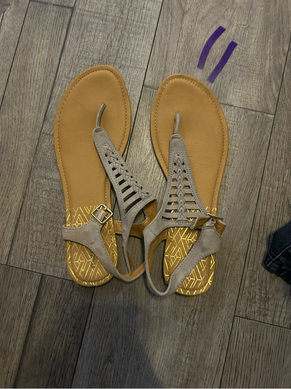 Maurices Taupe Cutout T-Strap Sandals with Gold Inlay